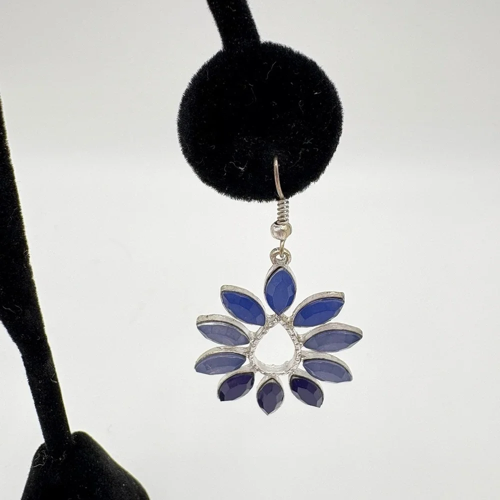 Boho‎ Dangle Earrings Blue Marquise Stones Silver Tone Teardrop Flower Design